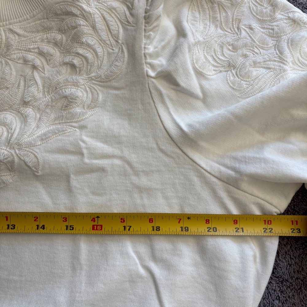 Anthropologie Embroidered Puff-Sleeve Sweatshirt L Ivory Floral Crewneck - Picture 5 of 8